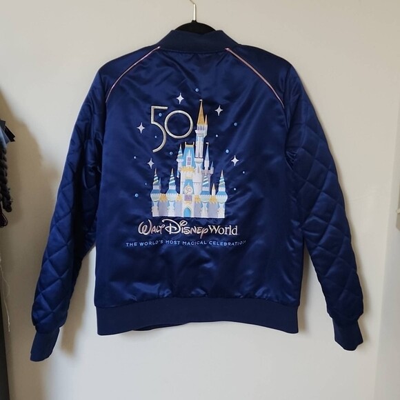 Walt Disney World 50th Anniversary Blue Satin Bomber Jacket Size L - Picture 1 of 10